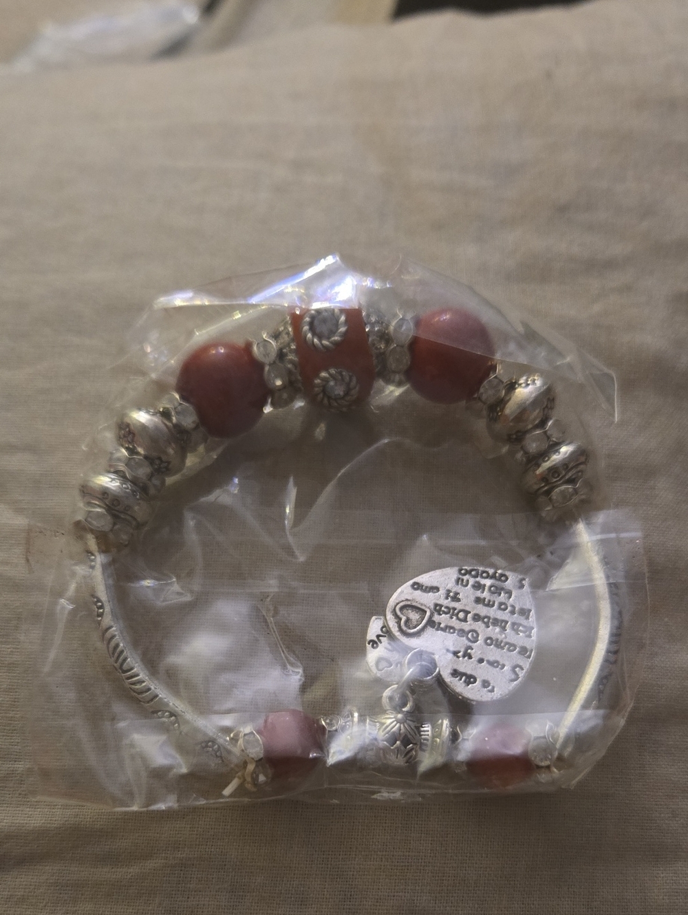 Vintage Y2K Silver-Tone Stretch Bracelet with Red Beads NWT